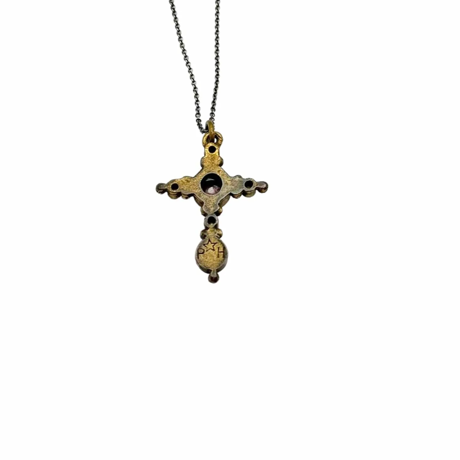 NECKLACE Gold Chain with Brass, Garnet & Pearl Cross Pendant