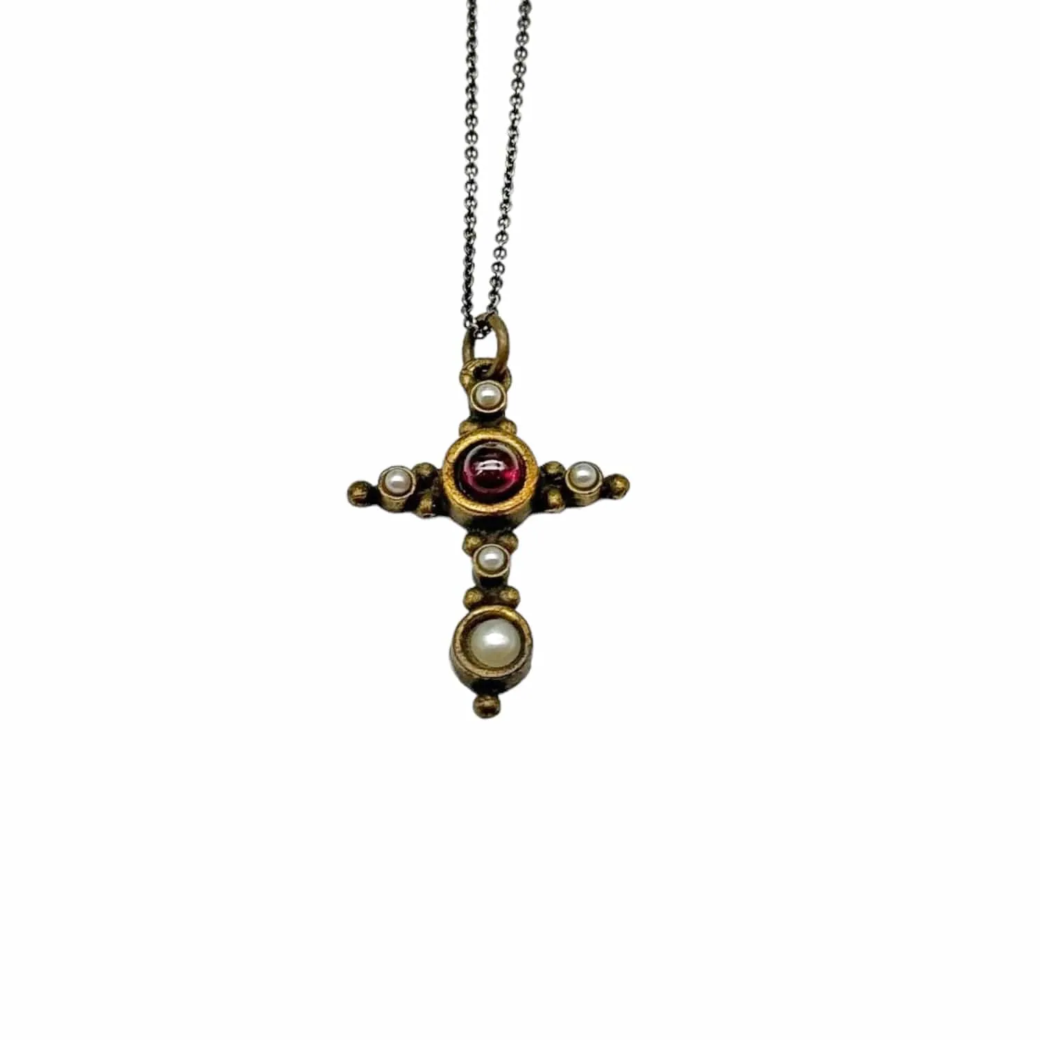 NECKLACE Gold Chain with Brass, Garnet & Pearl Cross Pendant