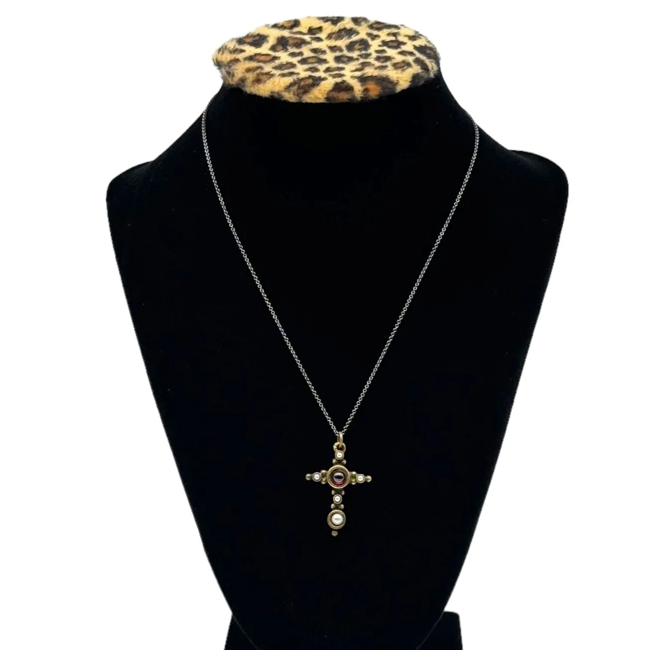 NECKLACE Gold Chain with Brass, Garnet & Pearl Cross Pendant