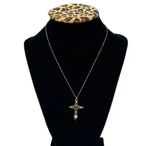 NECKLACE Gold Chain with Brass, Garnet & Pearl Cross Pendant