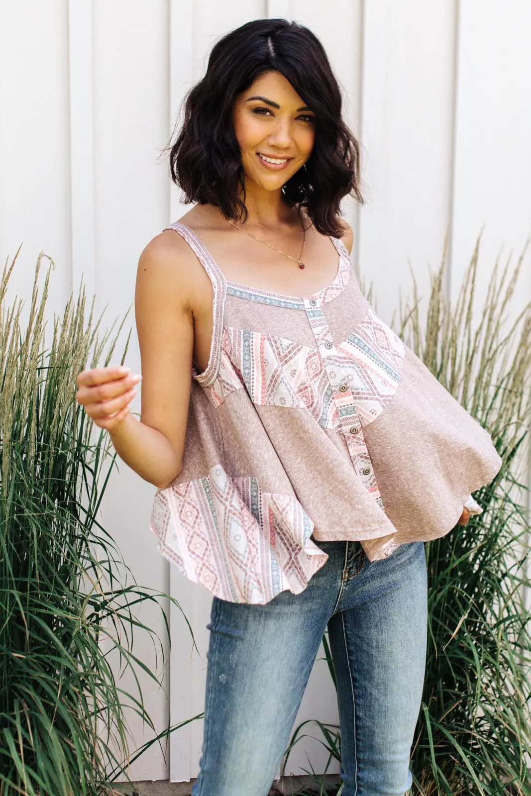 *Online Exclusive* Santa Fe Aztec Tank in Taupe