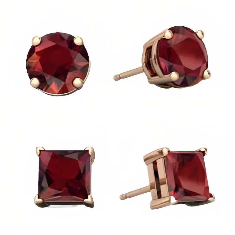 Paris Jewelry 18k Rose Gold 2 Pair Created Garnet 6mm Round & Princess Cut Stud Earrings Plated