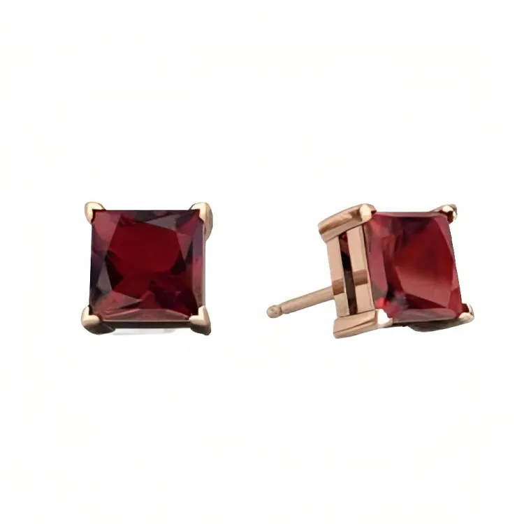 Paris Jewelry 18k Rose Gold 2 Pair Created Garnet 6mm Round & Princess Cut Stud Earrings Plated
