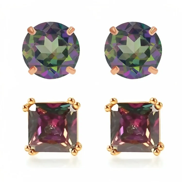 Paris Jewelry 18k Rose Gold 2 Pair Created Mystic 4mm Round & Princess Cut Stud Earrings Plated