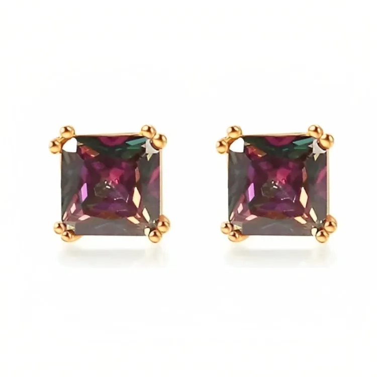 Paris Jewelry 18k Rose Gold 2 Pair Created Mystic 4mm Round & Princess Cut Stud Earrings Plated