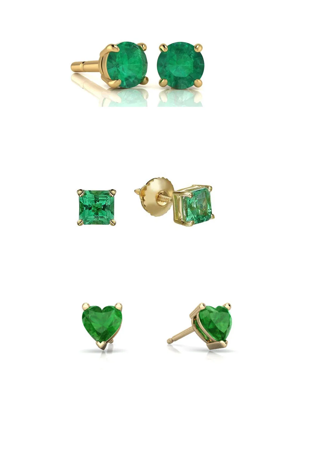 Paris Jewelry 18k Yellow Gold 4Cttw Created Emerald 3 Pair Round, Square And Heart Stud Earrings Plated