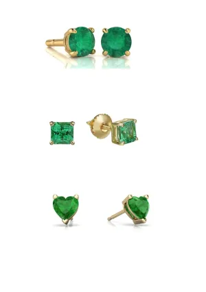 Paris Jewelry 18k Yellow Gold 4Cttw Created Emerald 3 Pair Round, Square And Heart Stud Earrings Plated