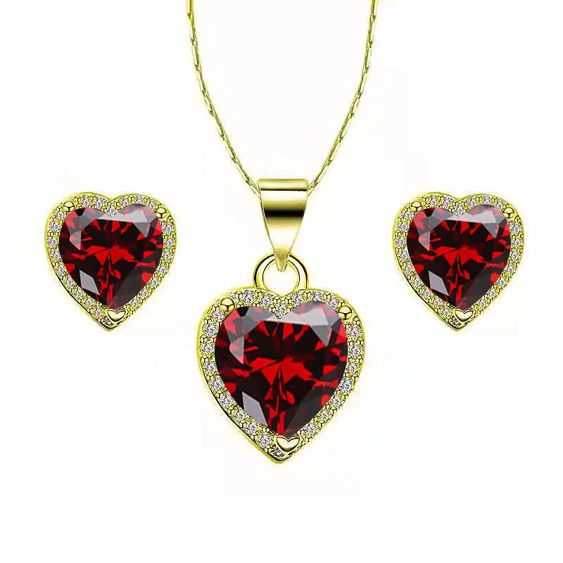 Paris Jewelry 18k Yellow Gold Plated Heart 4 Carat Created Ruby Sapphire Full Set Necklace, Earrings 18 Inch