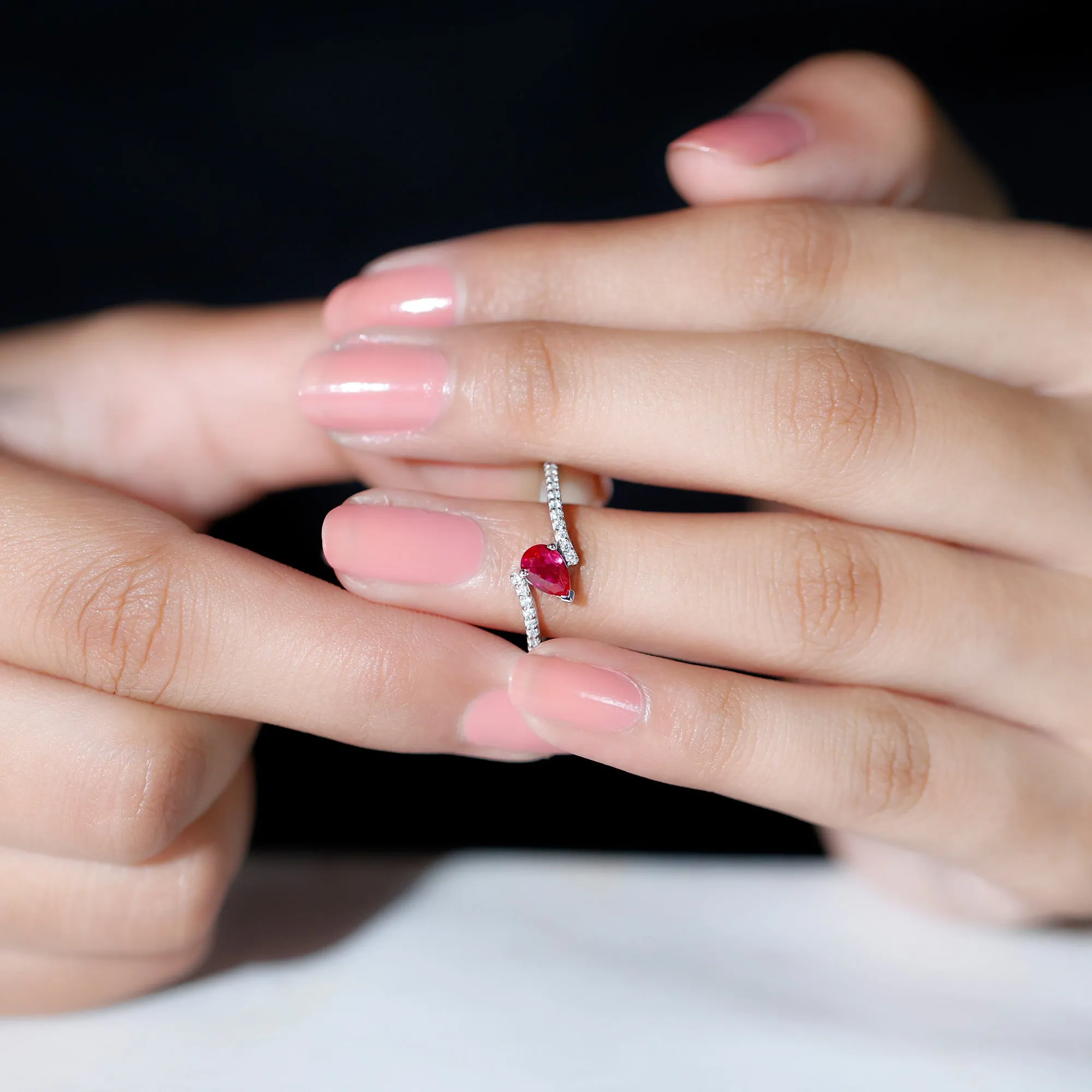 Pear Shape Lab Grown Ruby and Diamond Bypass Promise Ring