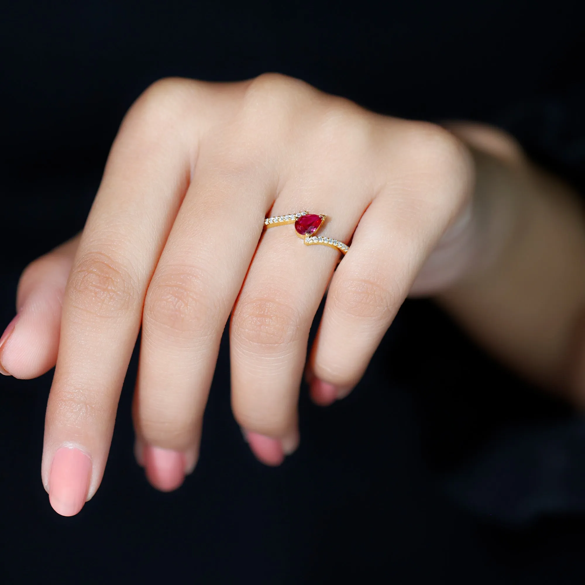 Pear Shape Lab Grown Ruby and Diamond Bypass Promise Ring