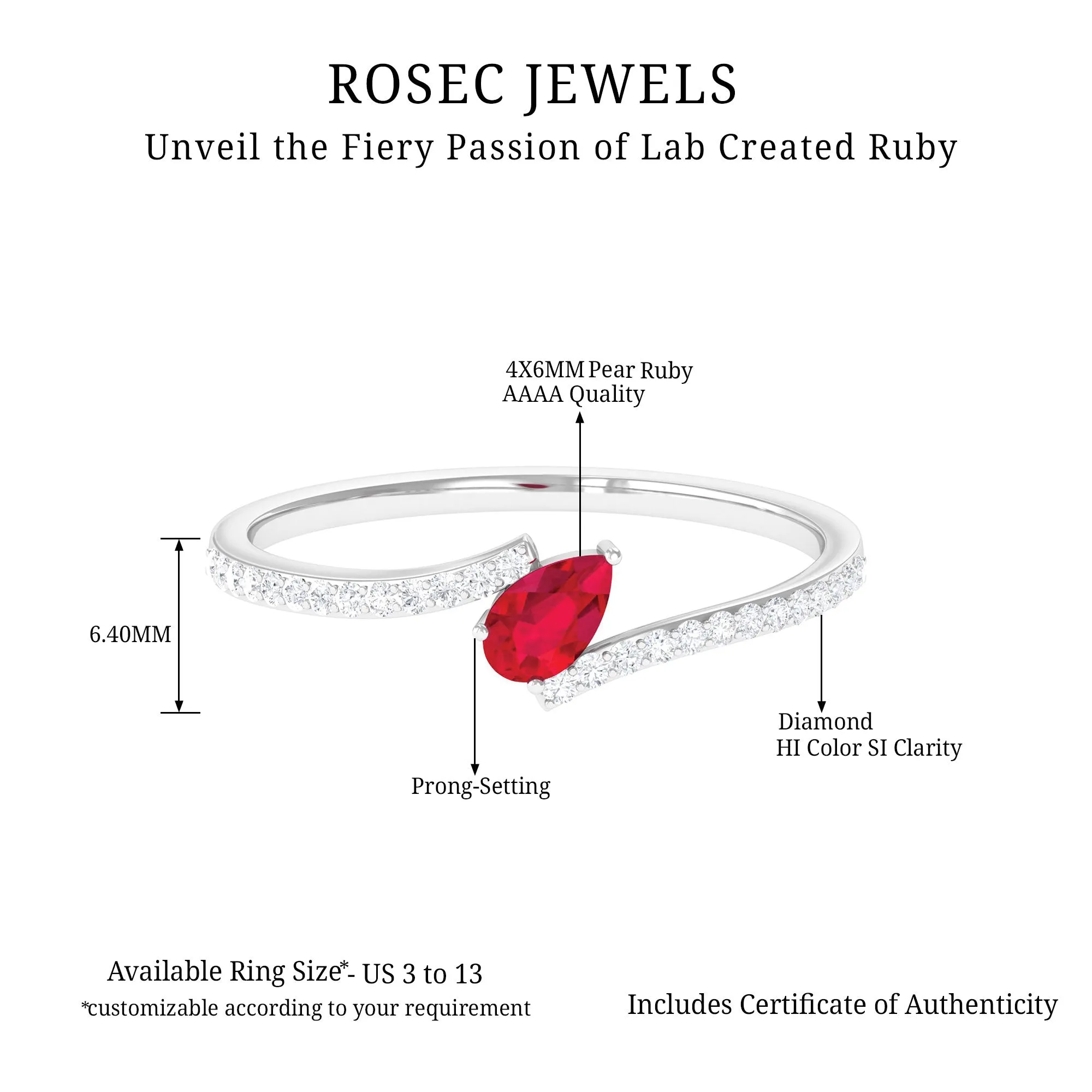 Pear Shape Lab Grown Ruby and Diamond Bypass Promise Ring