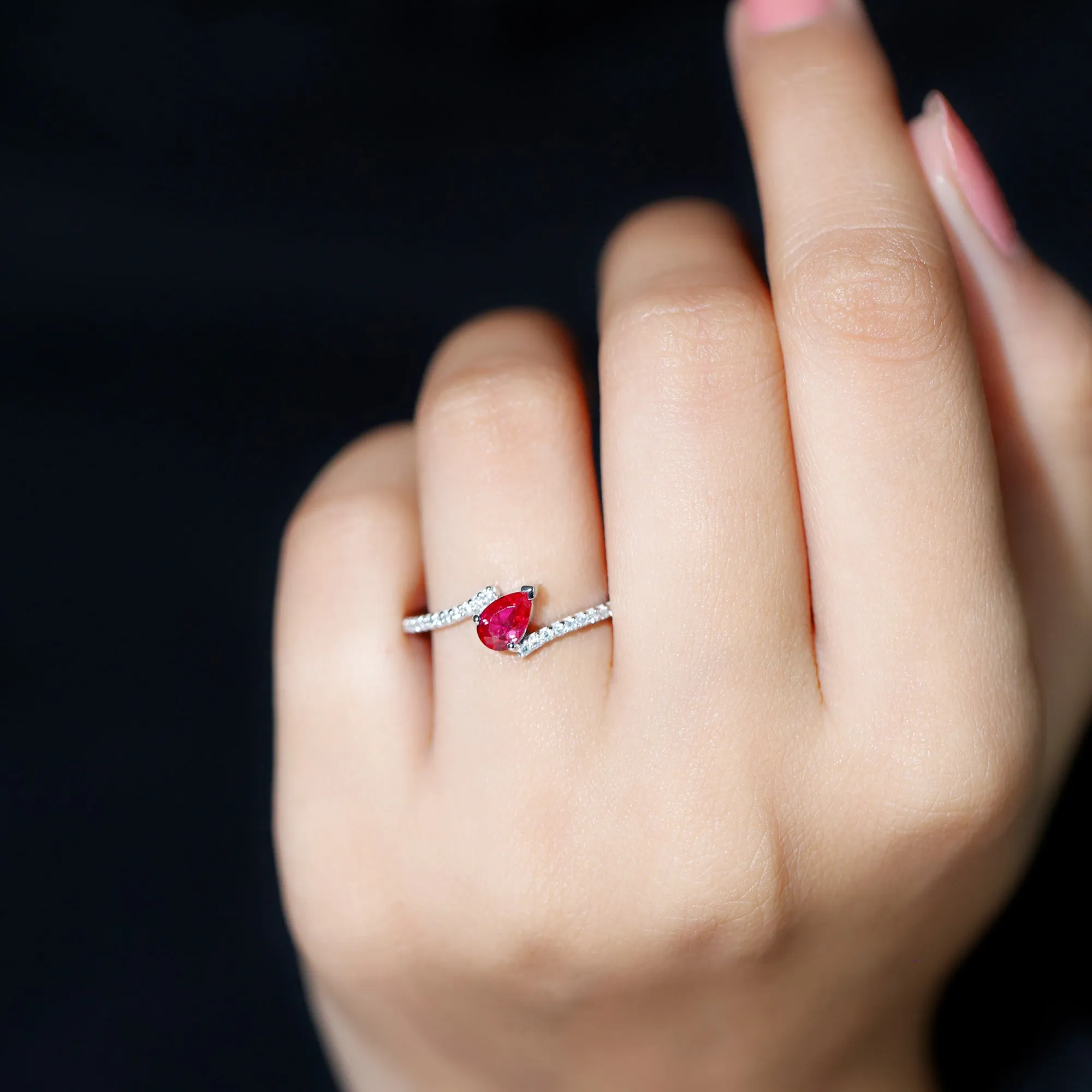 Pear Shape Lab Grown Ruby and Diamond Bypass Promise Ring
