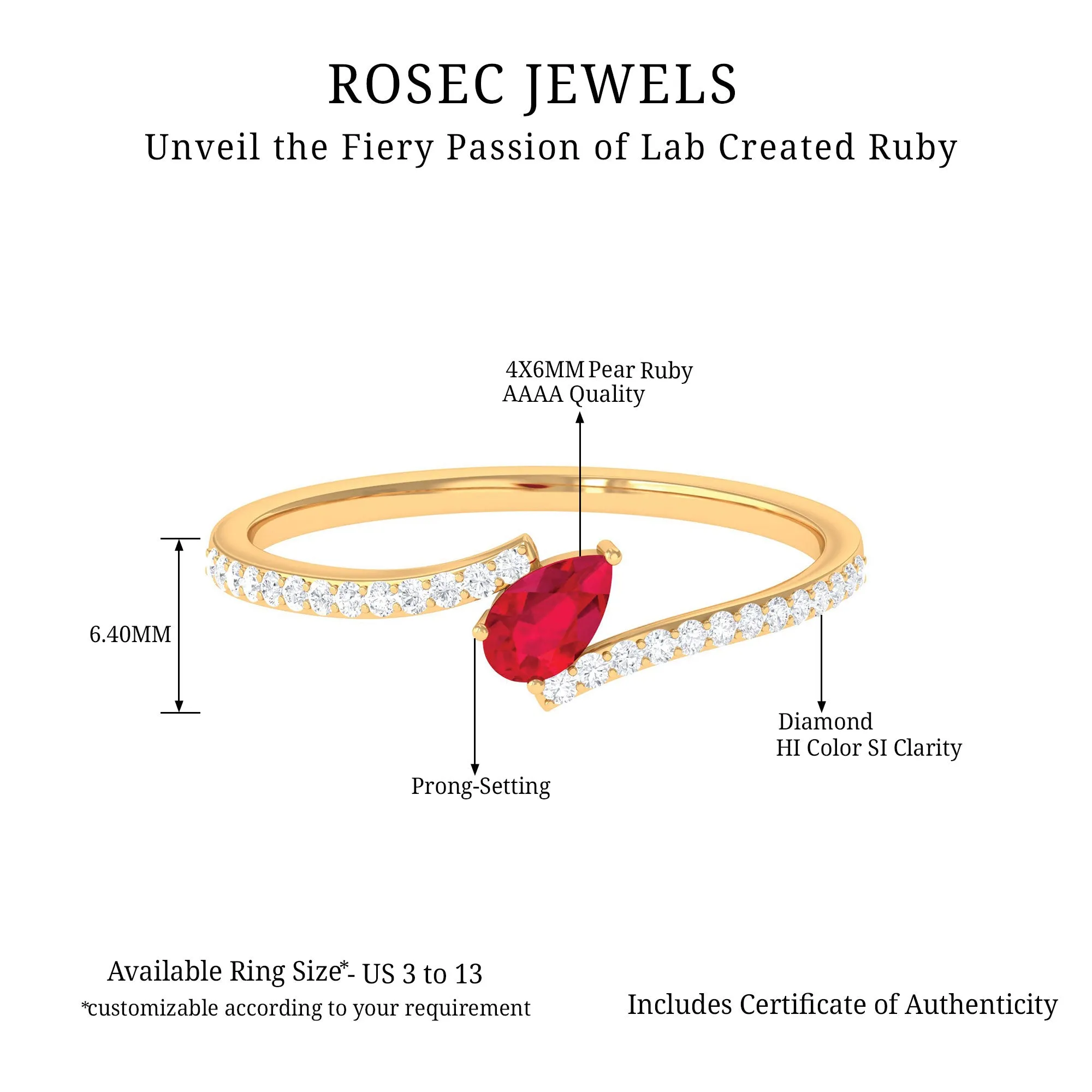 Pear Shape Lab Grown Ruby and Diamond Bypass Promise Ring