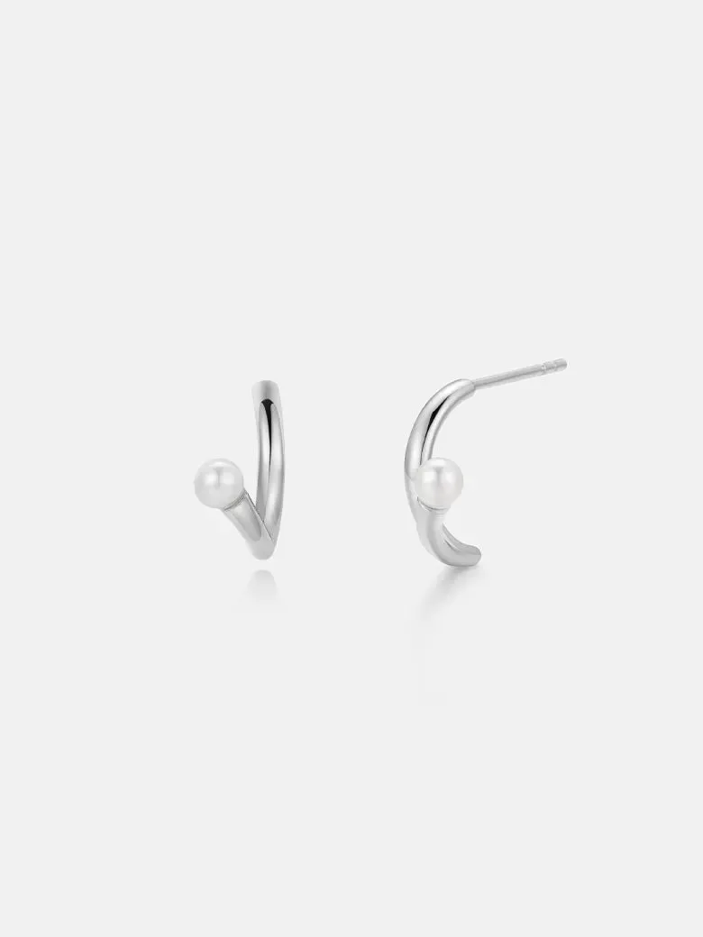 Pearl Silver Arc Earrings