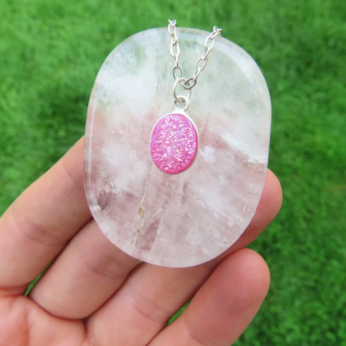 Pink Quartz Druzy Necklace in Silver | Crystal Choker | Druzy Jewelry