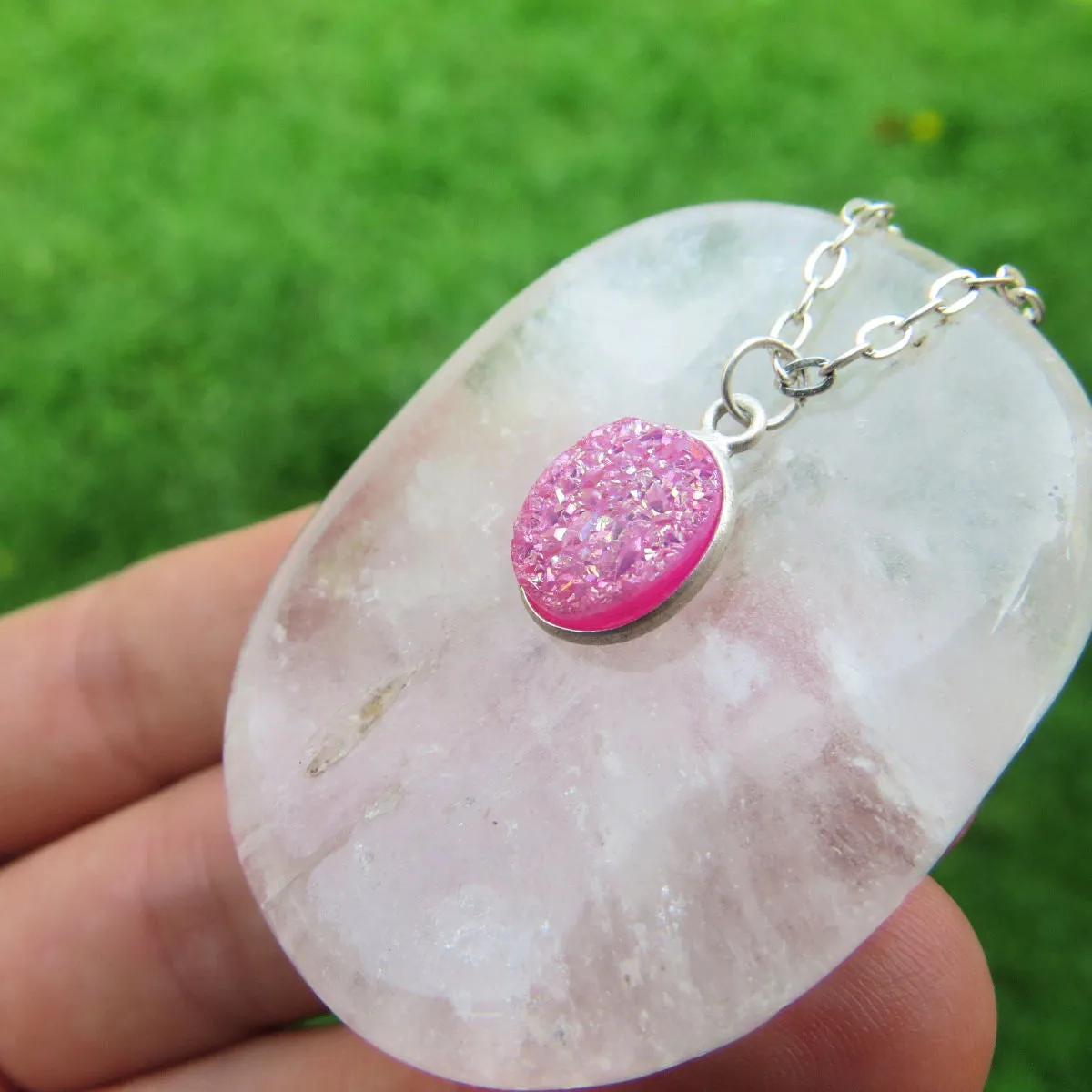 Pink Quartz Druzy Necklace in Silver | Crystal Choker | Druzy Jewelry