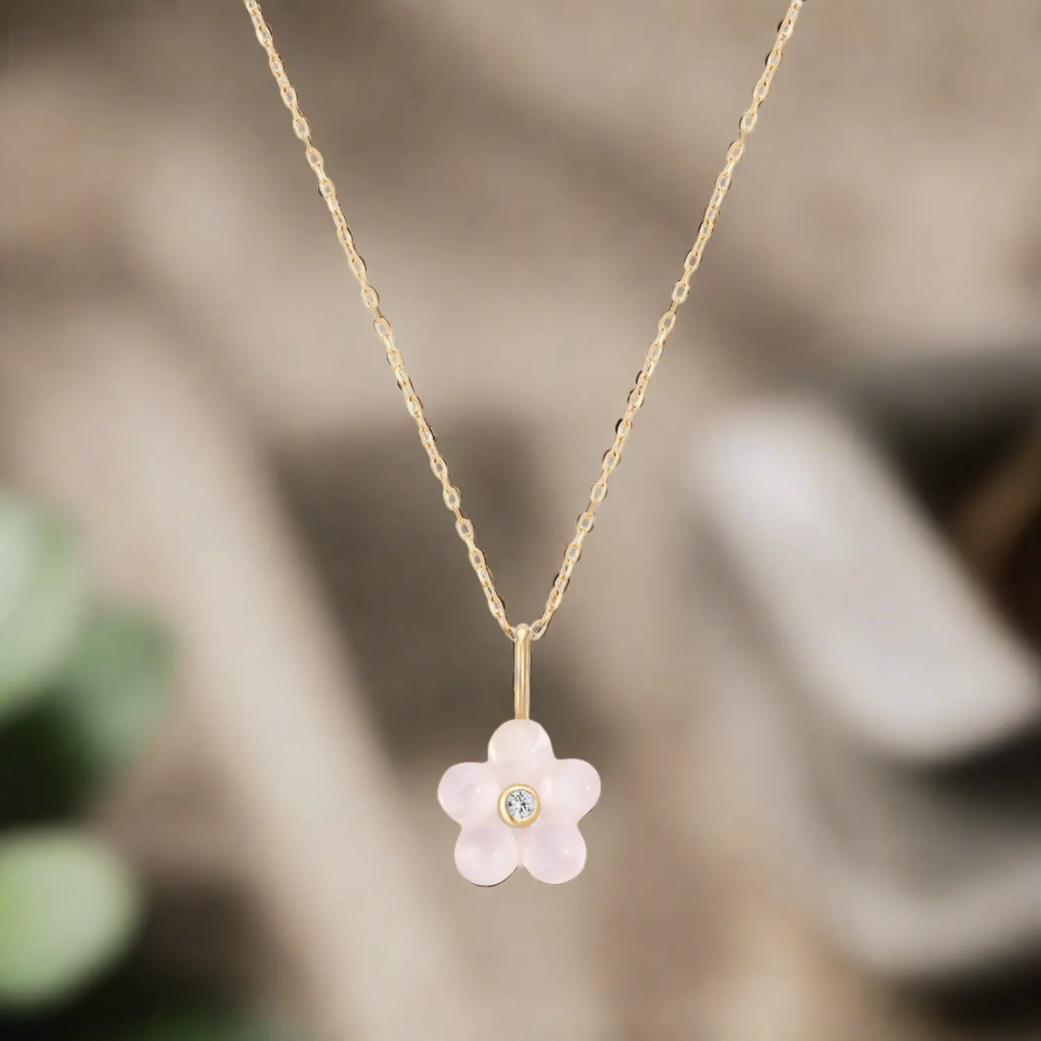 Pink Rose Quartz 14k Solid Gold Necklace