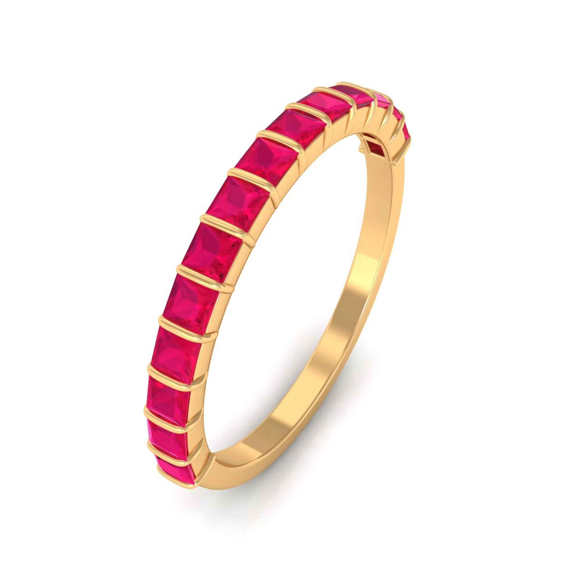 Princess Cut Ruby Semi Eternity Ring in Bar Setting