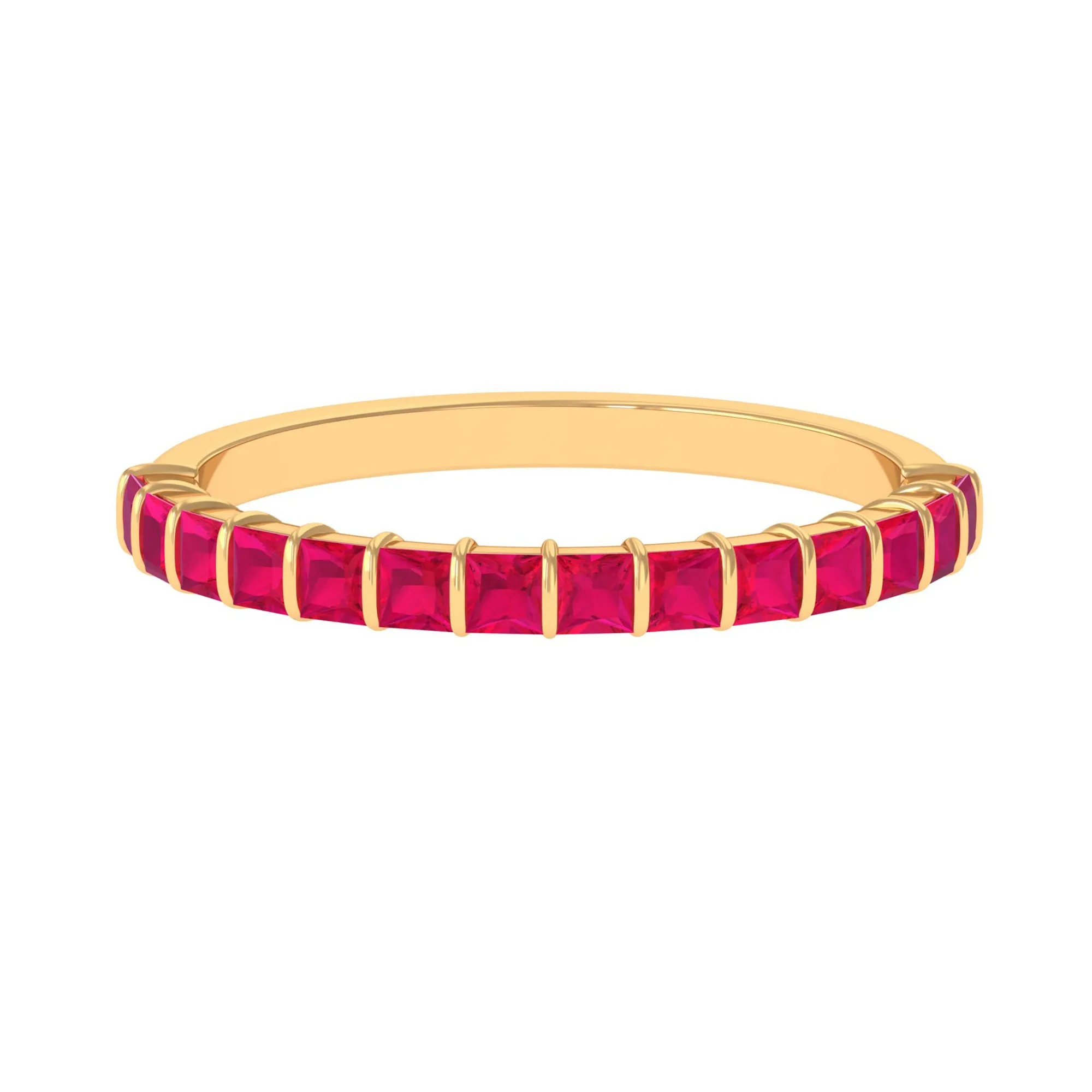 Princess Cut Ruby Semi Eternity Ring in Bar Setting