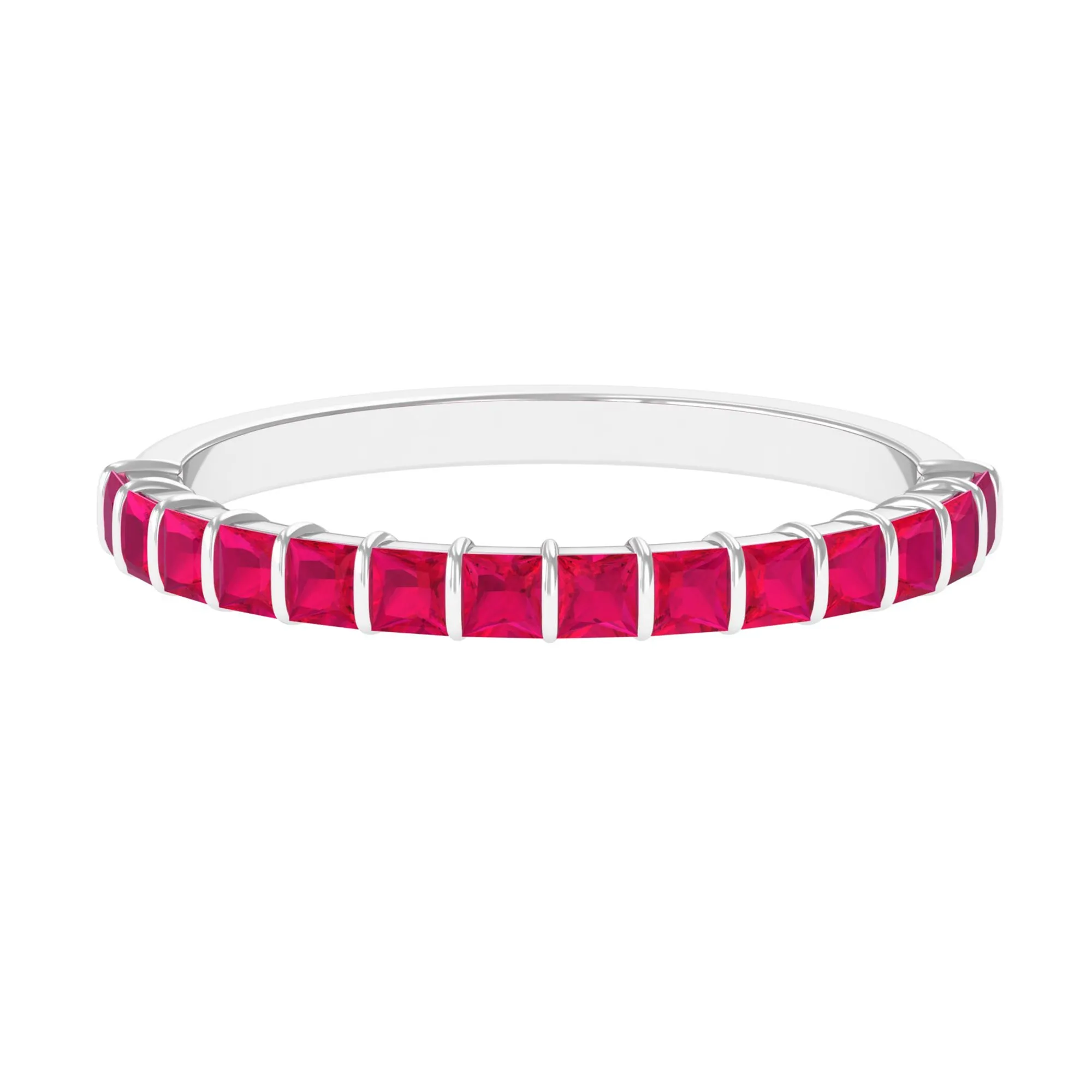 Princess Cut Ruby Semi Eternity Ring in Bar Setting