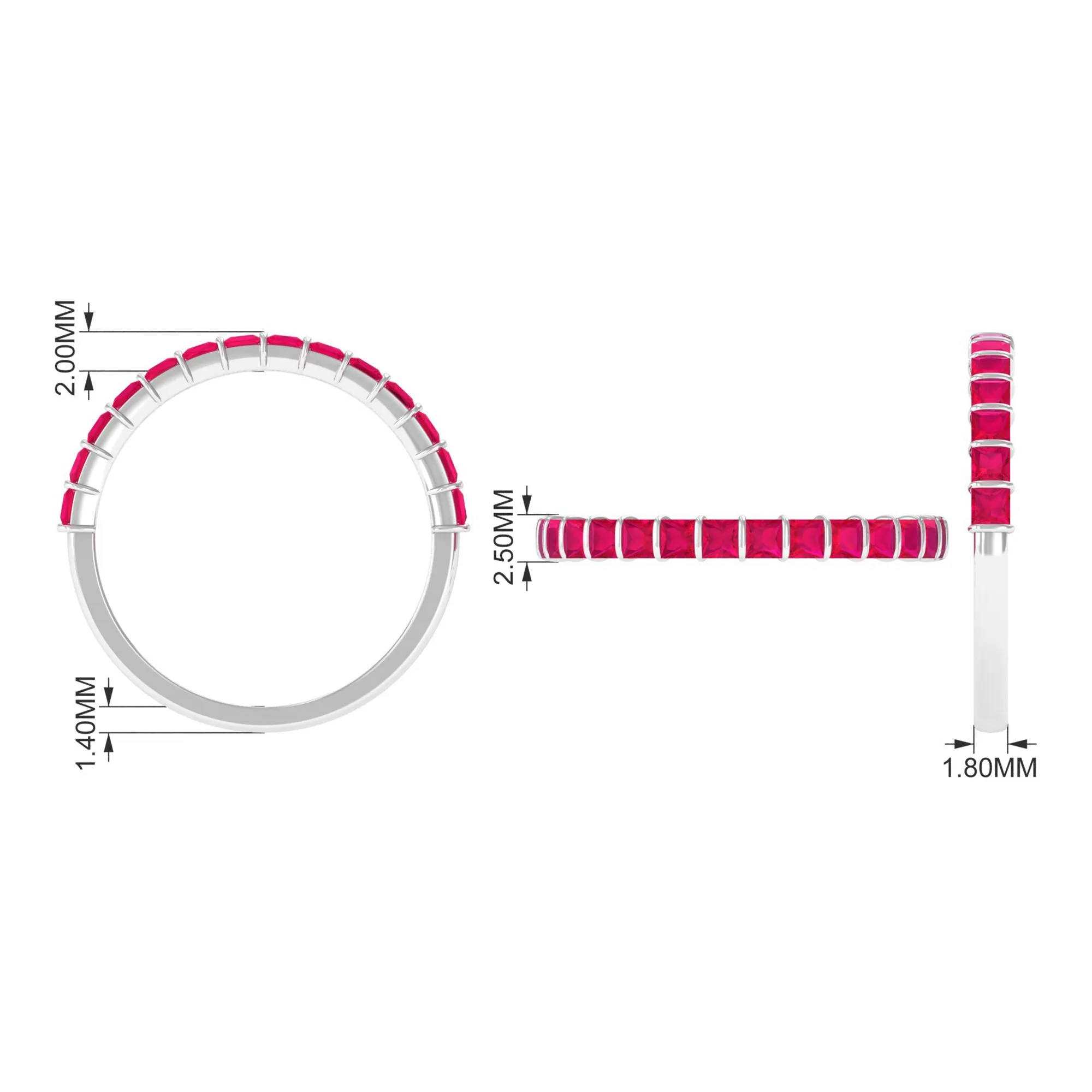 Princess Cut Ruby Semi Eternity Ring in Bar Setting