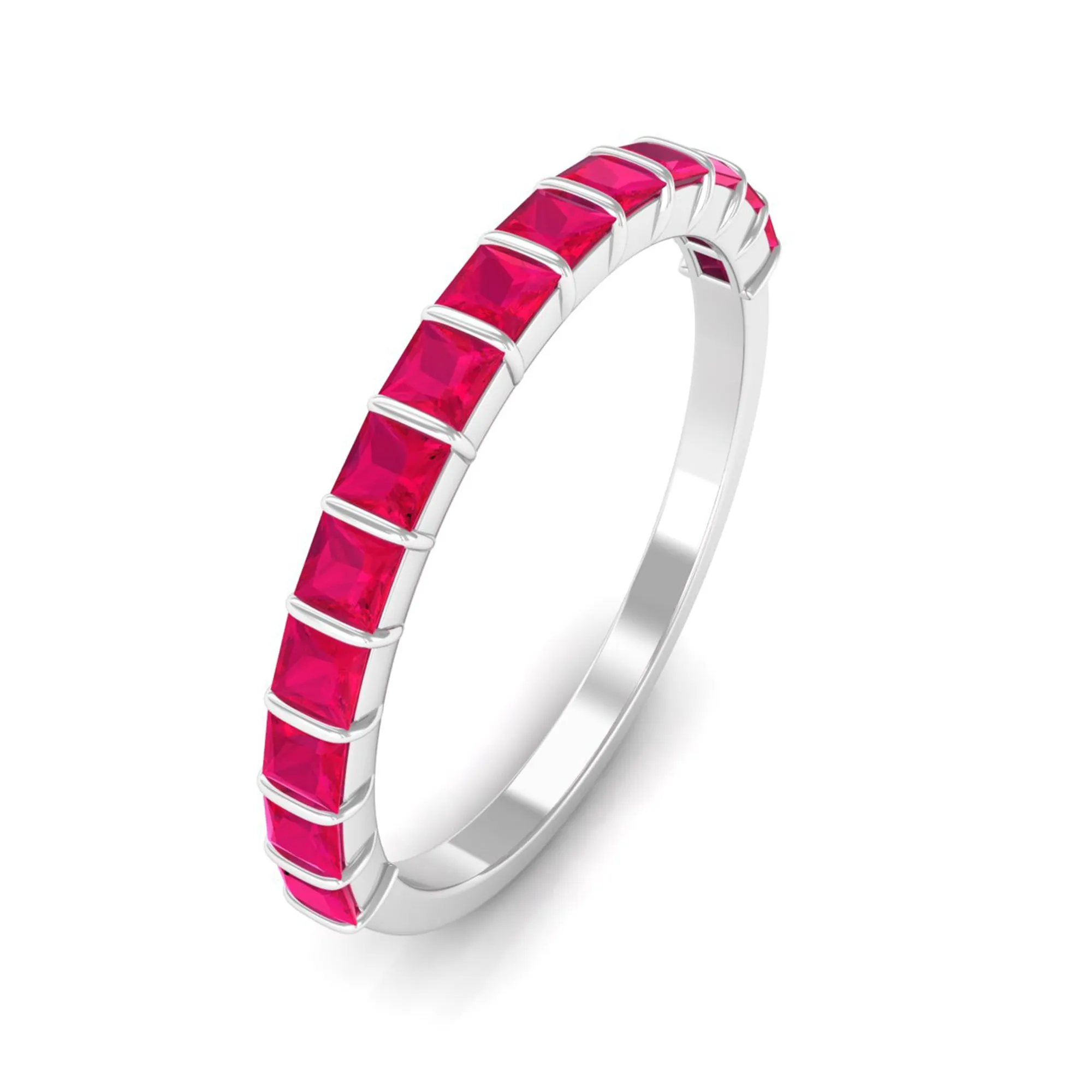 Princess Cut Ruby Semi Eternity Ring in Bar Setting
