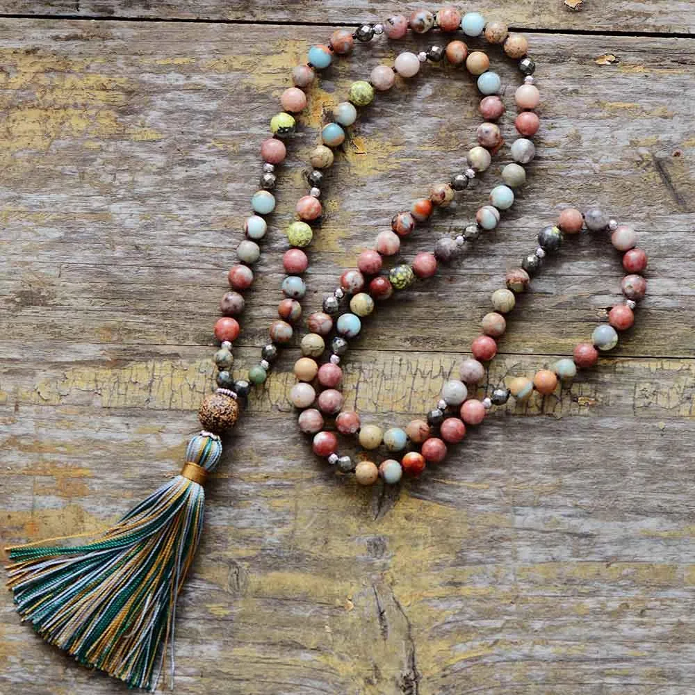 Pyrite Tassel Agate Pyrite 108 Mala Necklace
