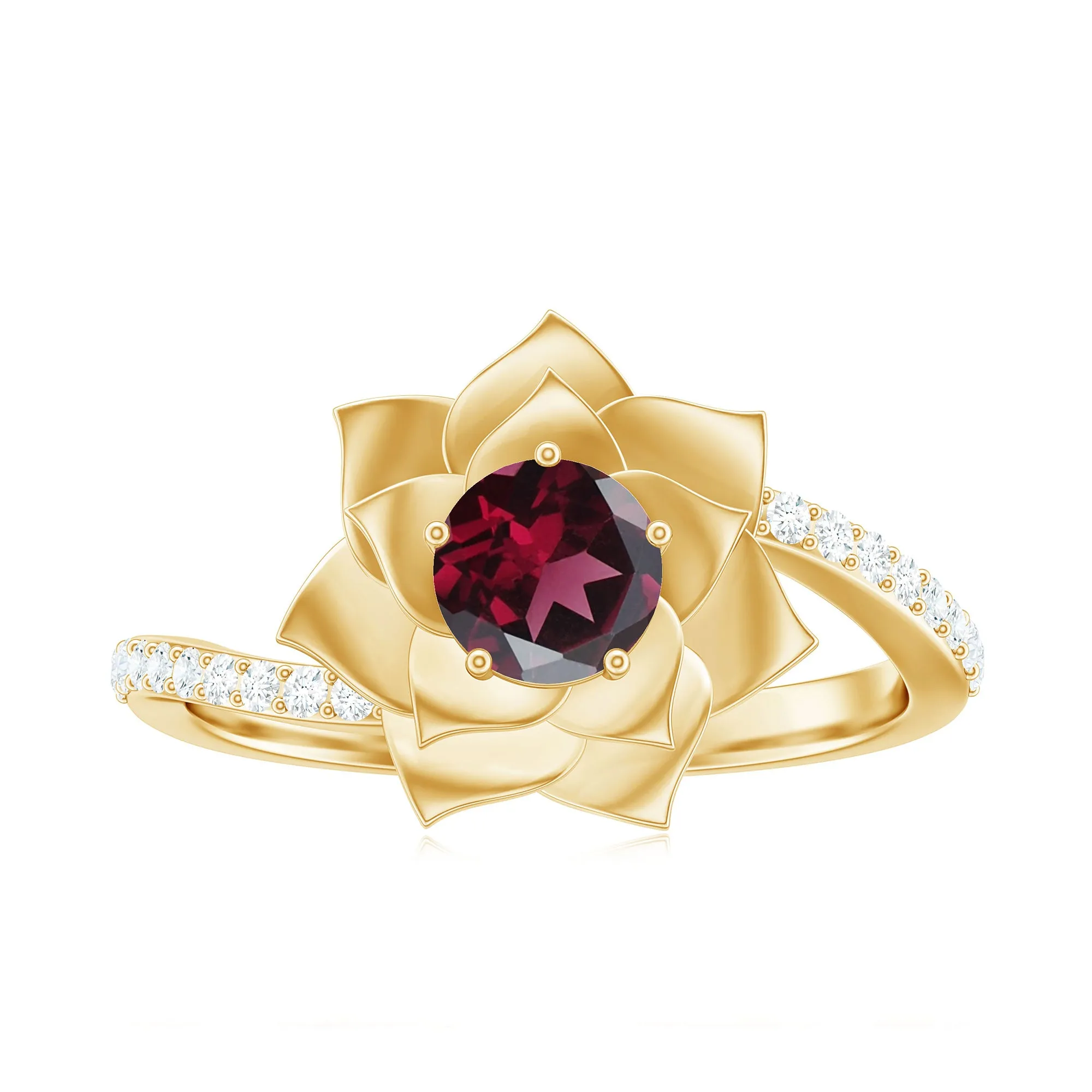 Real Rhodolite and Diamond Flower Ring with Bypass Shank