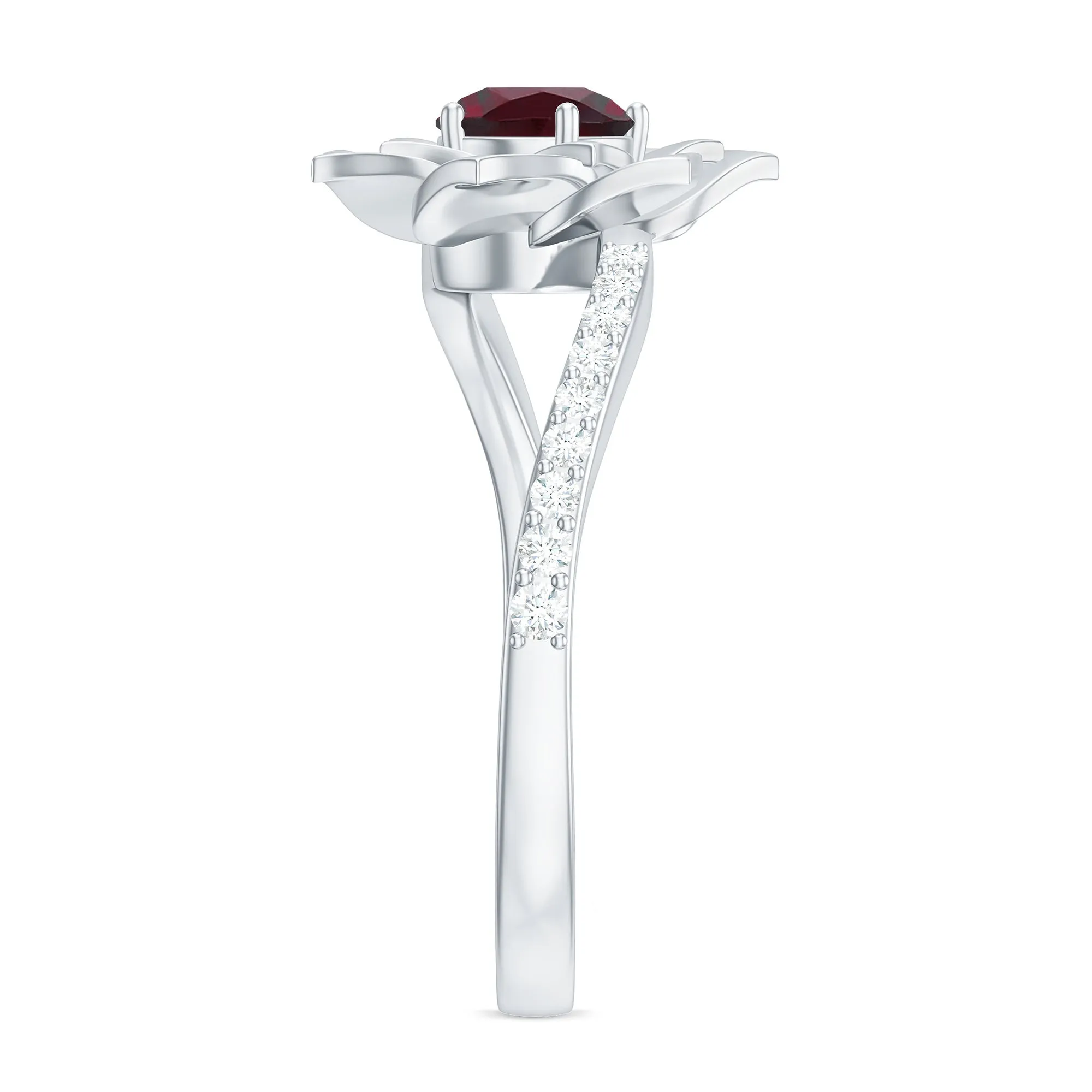 Real Rhodolite and Diamond Flower Ring with Bypass Shank