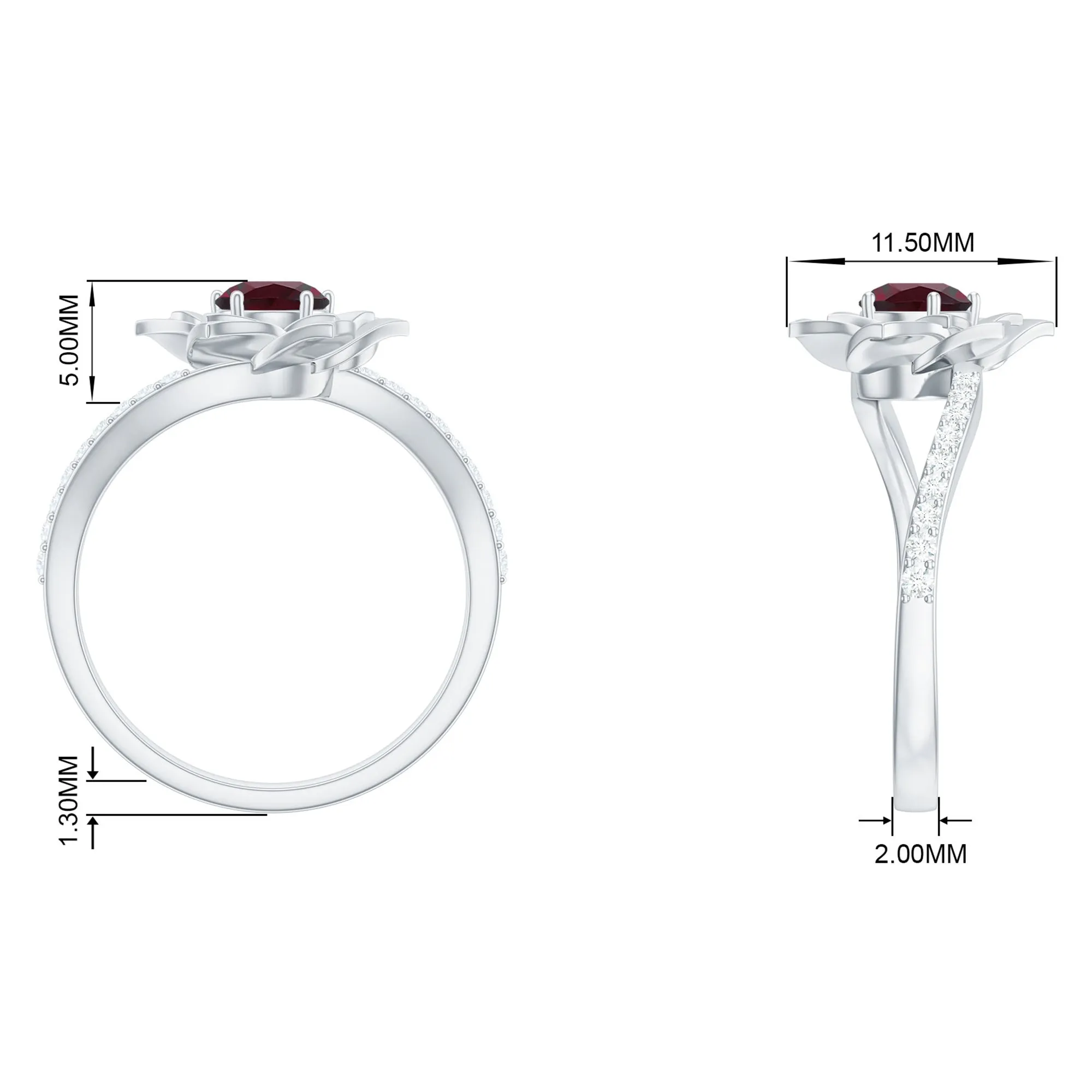 Real Rhodolite and Diamond Flower Ring with Bypass Shank