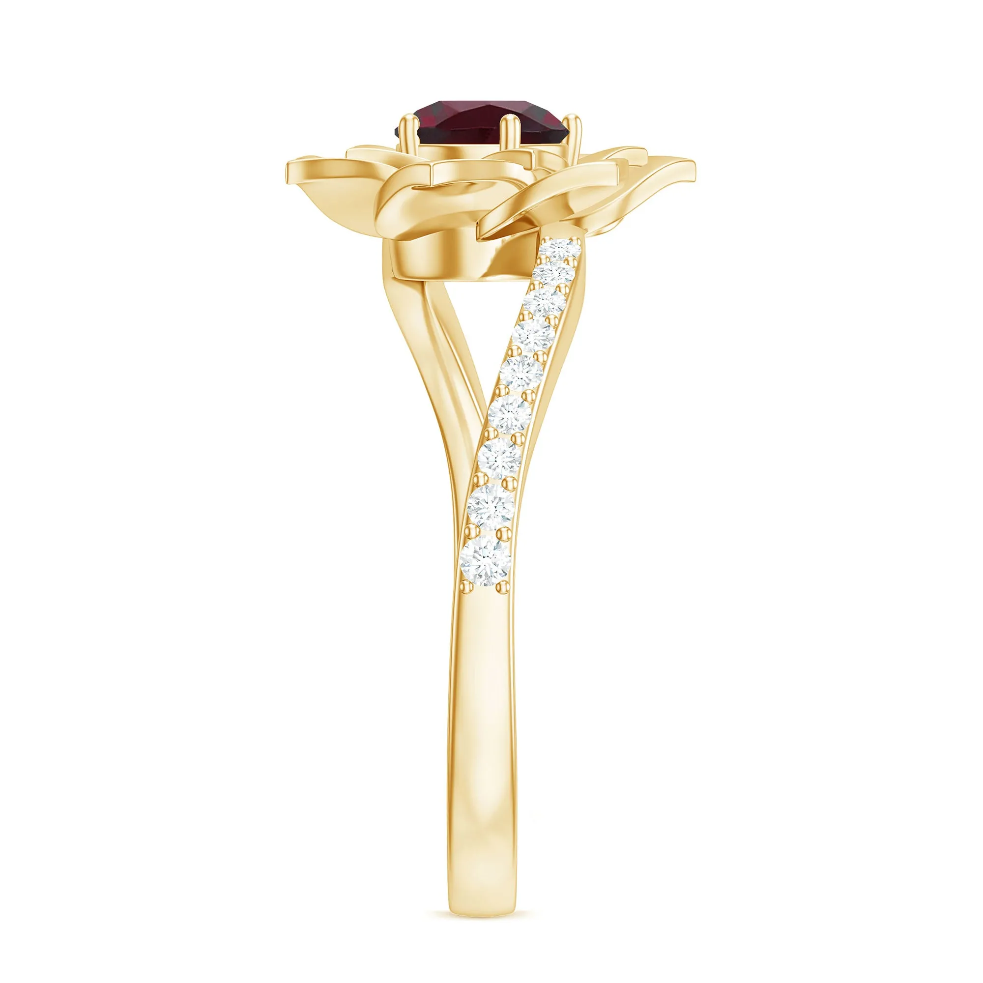 Real Rhodolite and Diamond Flower Ring with Bypass Shank