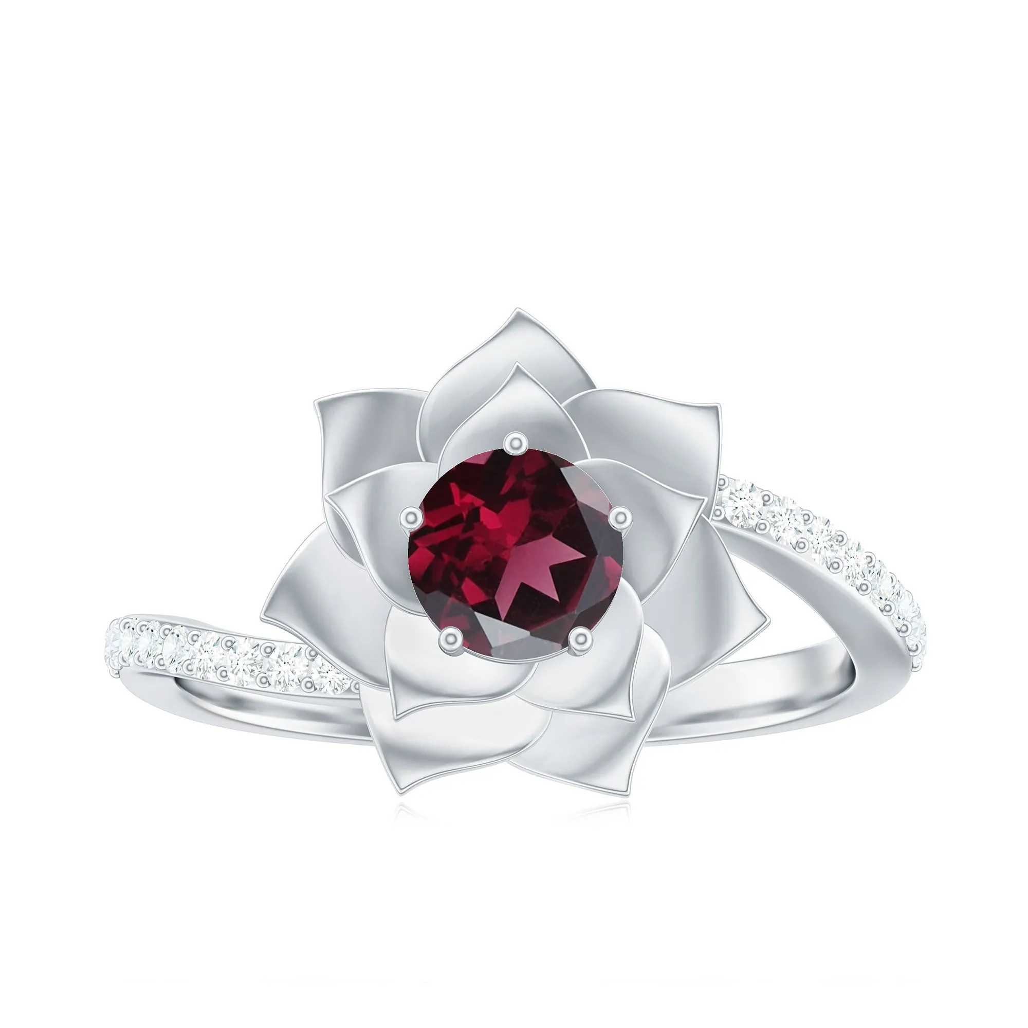 Real Rhodolite and Diamond Flower Ring with Bypass Shank