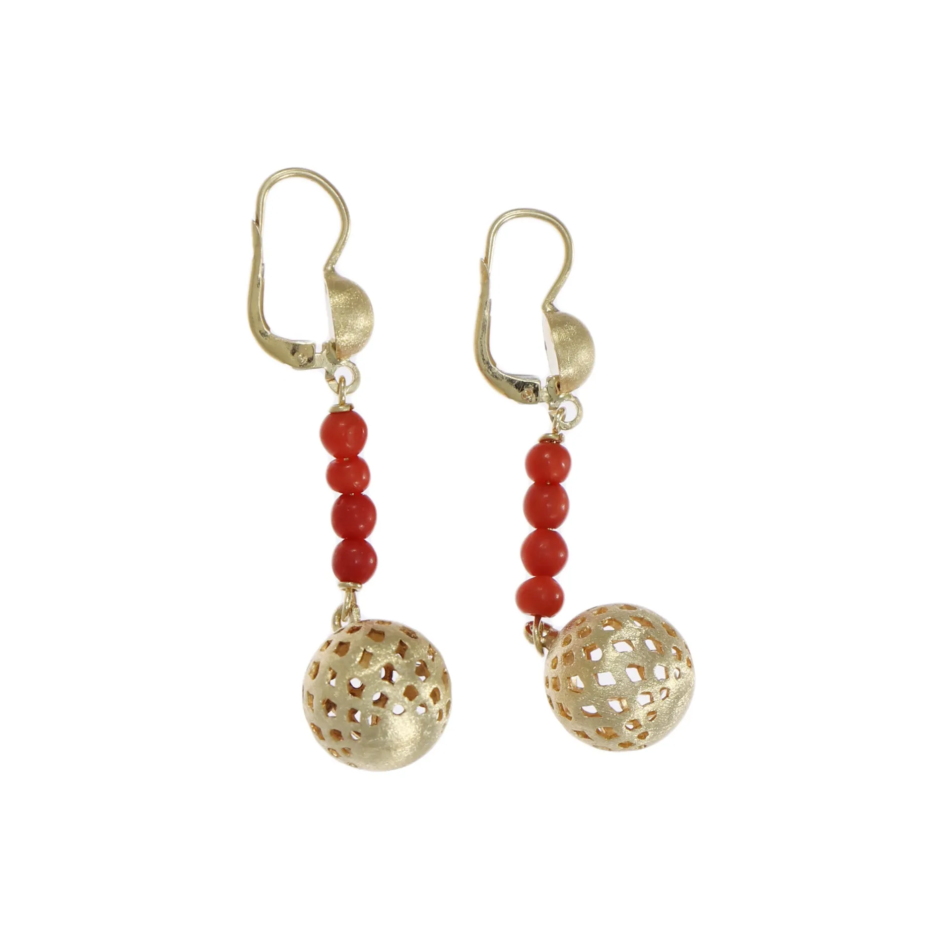 Red Coroal Diamond Ball Drop Dangle Earrings 18k Yellow Gold Womens Estate 7.5g