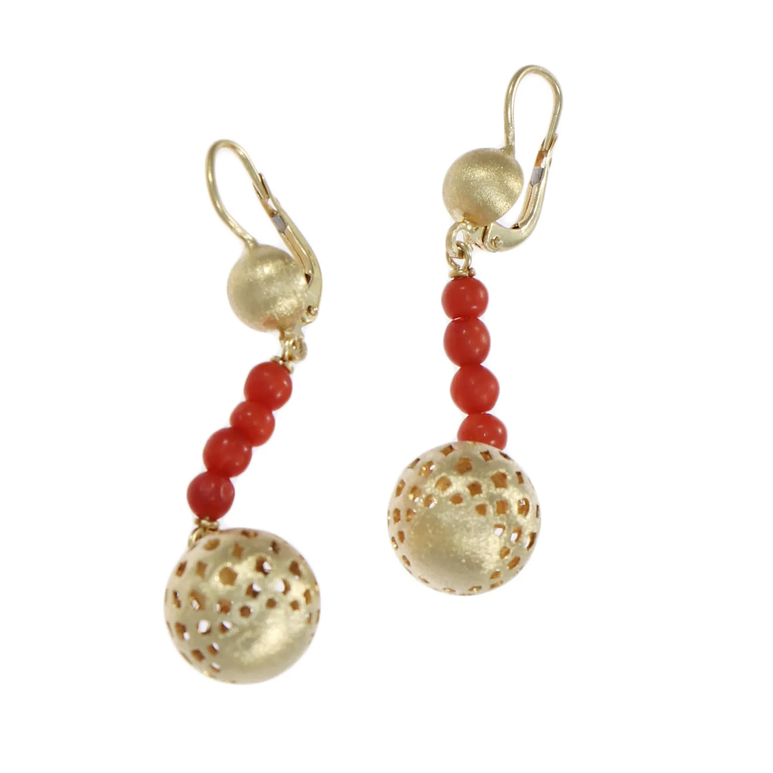 Red Coroal Diamond Ball Drop Dangle Earrings 18k Yellow Gold Womens Estate 7.5g