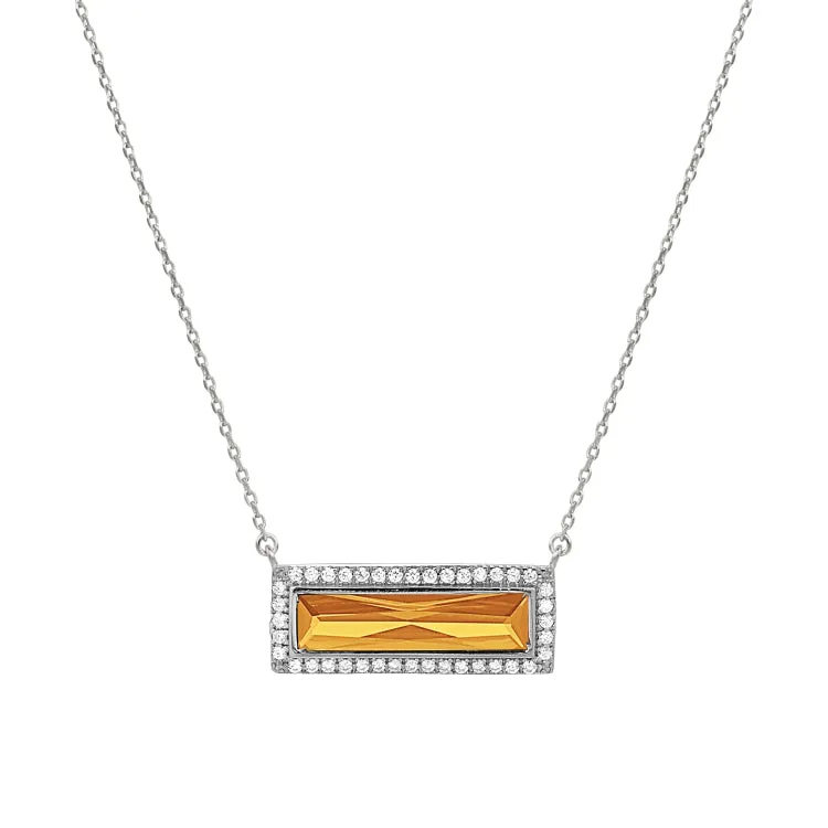 Rhodium Finish Sterling Silver Necklace with Rectangular Simulated Citrine Stone and Simulated Diamonds on 16" - 18" Chain