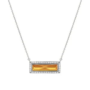 Rhodium Finish Sterling Silver Necklace with Rectangular Simulated Citrine Stone and Simulated Diamonds on 16" - 18" Chain