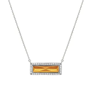 Rhodium Finish Sterling Silver Necklace with Rectangular Simulated Citrine Stone and Simulated Diamonds on 16" - 18" Chain