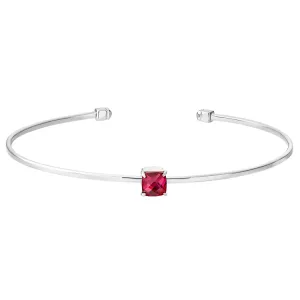 Rhodium Finish Sterling Silver Pliable Cuff Bracelet with Faceted Cushion Cut Simulated Ruby Birth Gem - July