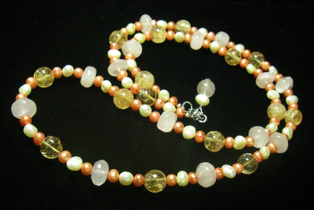 Rose Quartz, Citrine, Pearls, Sterling Silver Necklace