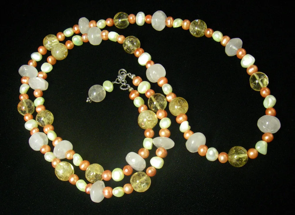 Rose Quartz, Citrine, Pearls, Sterling Silver Necklace