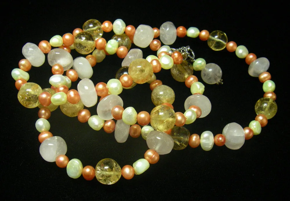 Rose Quartz, Citrine, Pearls, Sterling Silver Necklace