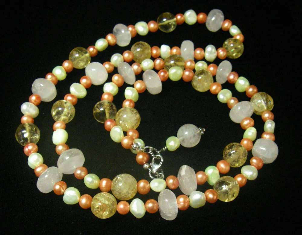 Rose Quartz, Citrine, Pearls, Sterling Silver Necklace