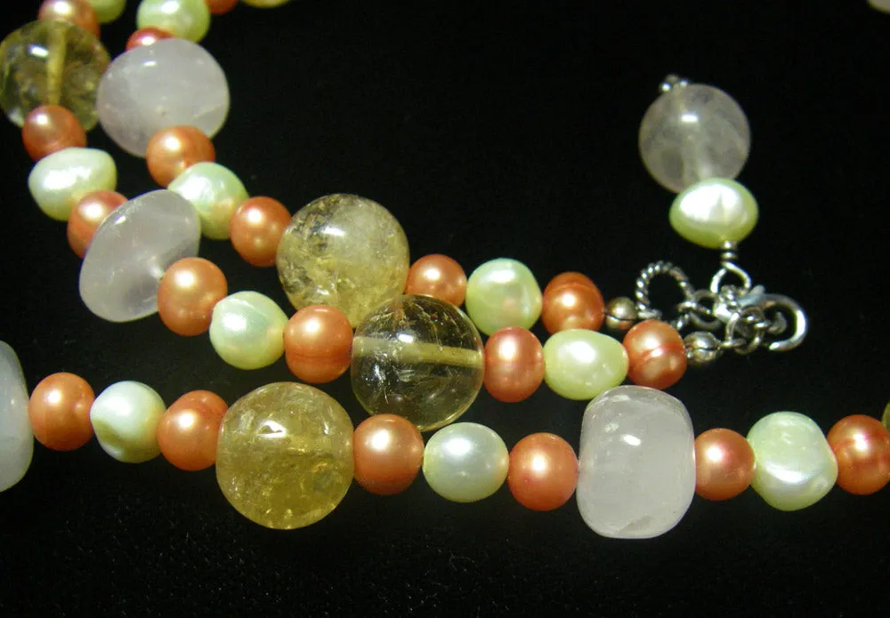 Rose Quartz, Citrine, Pearls, Sterling Silver Necklace