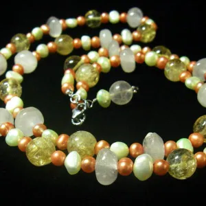 Rose Quartz, Citrine, Pearls, Sterling Silver Necklace