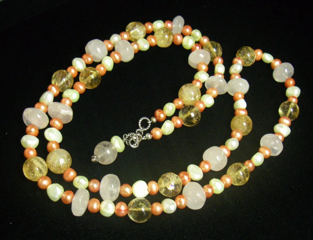 Rose Quartz, Citrine, Pearls, Sterling Silver Necklace