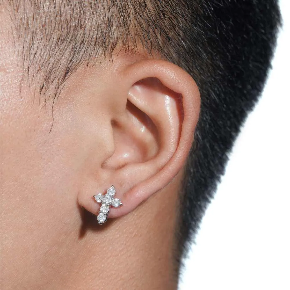 Round Cut Moissanite Cross Earrings 14K Gold