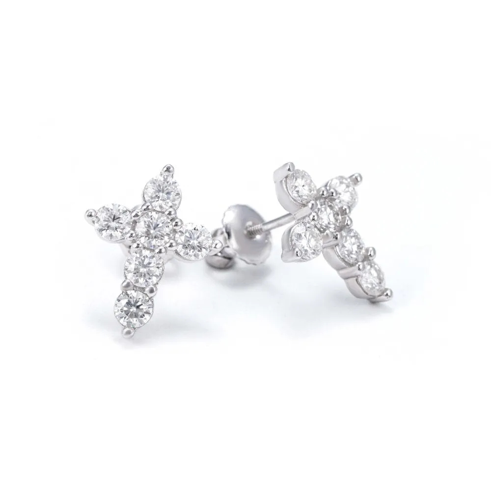 Round Cut Moissanite Cross Earrings 14K Gold