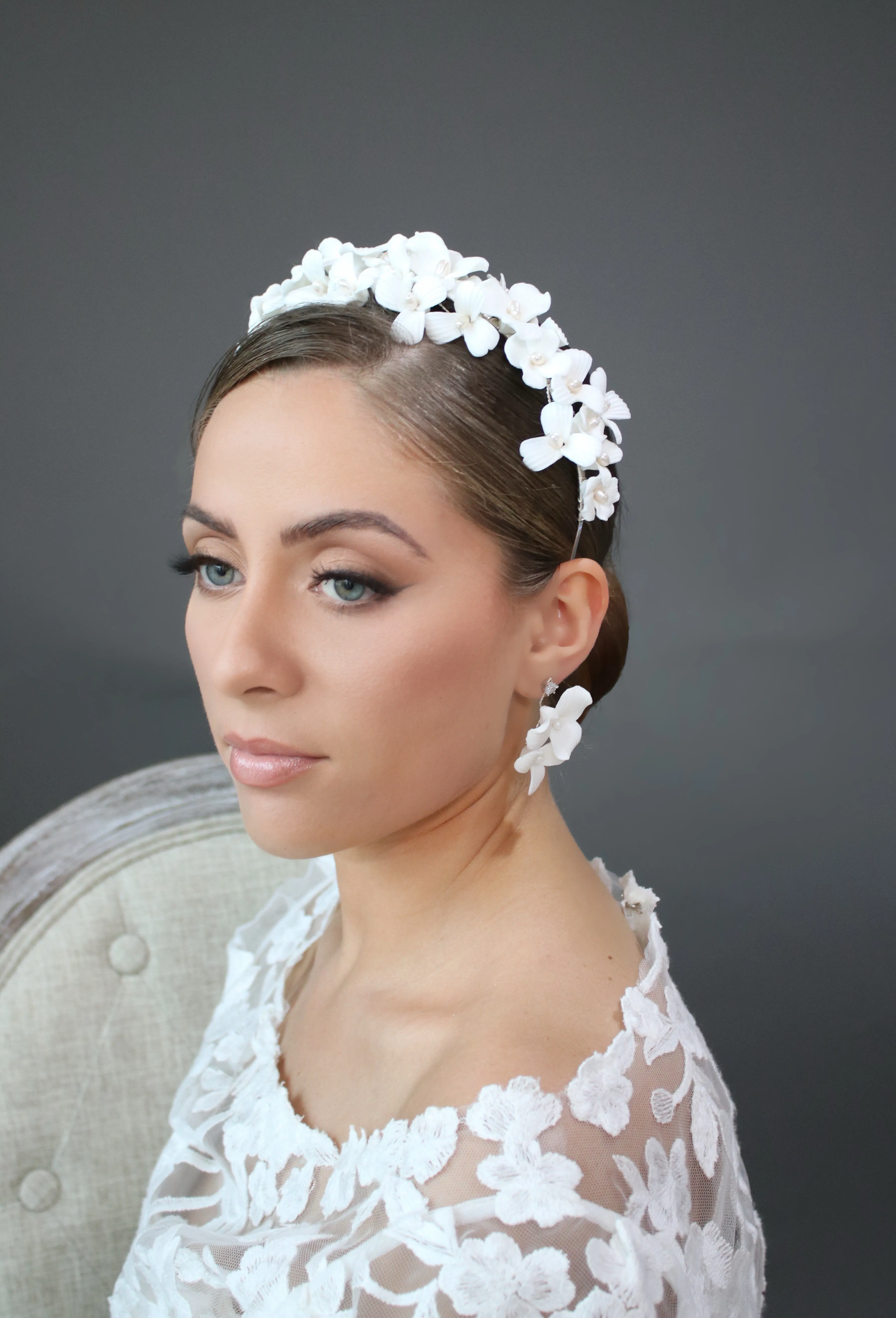 SEBASTIAN White Porcelain Floral and Freshwater Pearl Bridal Headband Headpiece Tiara