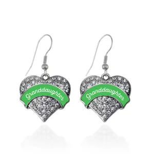 Silver Emerald Green Granddaughter Pave Heart Charm Dangle Earrings
