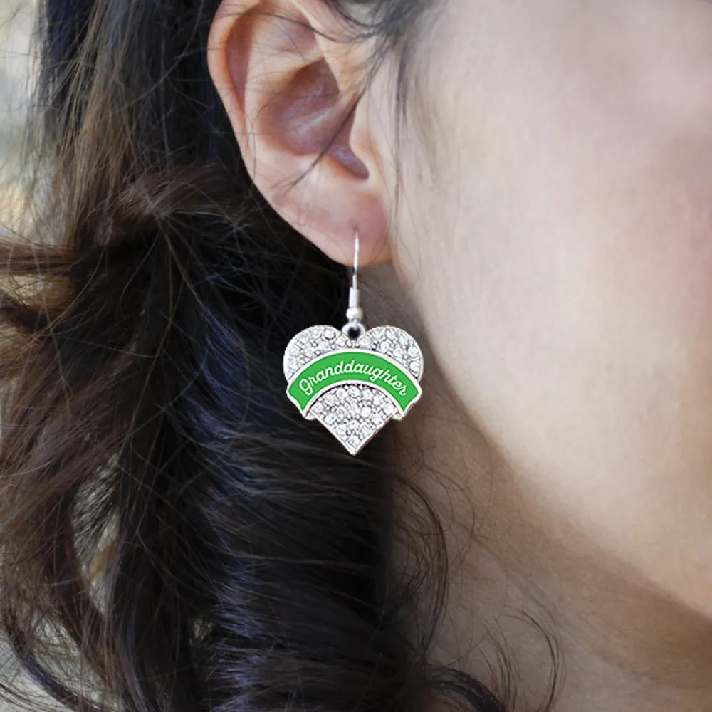 Silver Emerald Green Granddaughter Pave Heart Charm Dangle Earrings